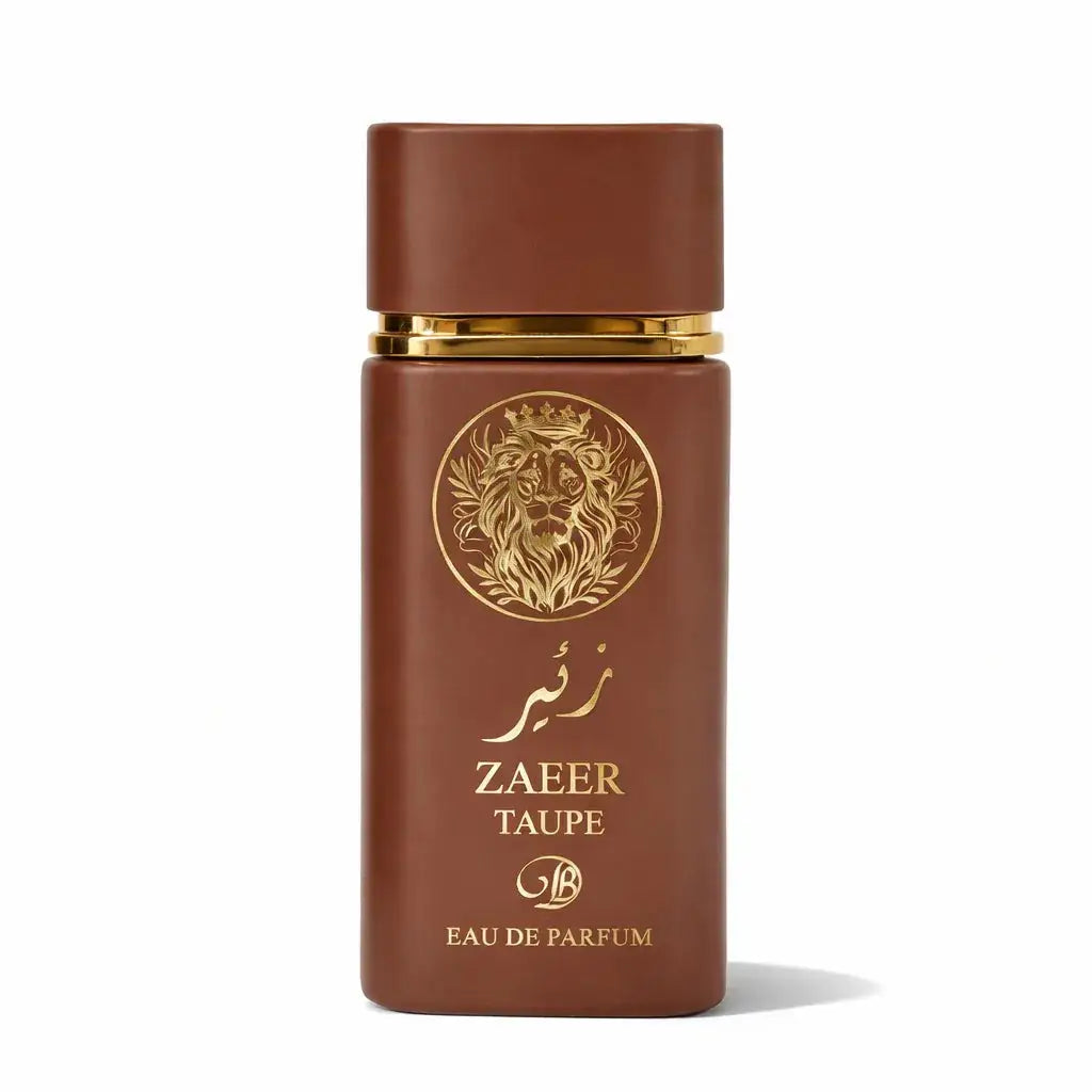 Bruin rechthoekig parfumflesje met gouden leeuwenembleem en zaeer taube eau de parfum label