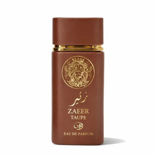 Bruin rechthoekig parfumflesje met gouden leeuwenembleem en zaeer taube eau de parfum label