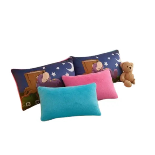 Set van drie zachte kussens in teal roze en marineblauw met cartoon aap ontwerp op grootste kussen zaky bedtime pillow