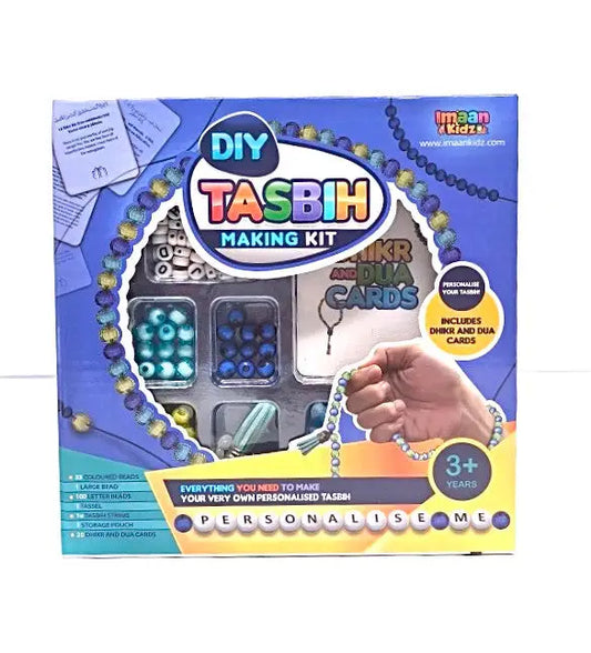Zelf tasbih maken diy pakket met kleurrijke kralen, grote kraal en letterkralen voor persoonlijke tasbih