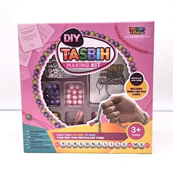 Pink en gele diy tasbih maken kit doos met kleurrijke kralen, hand met gebedsketting en gepersonaliseerde dua kaarten