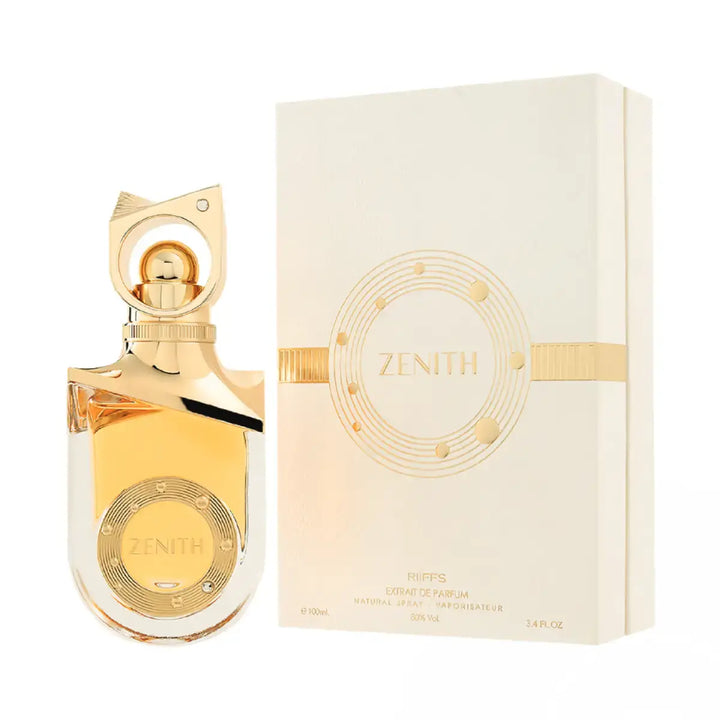 Goudkleurige katoren parfumfles met transparante body en amberkleurige vloeistof zenith van mits riiffs parfum