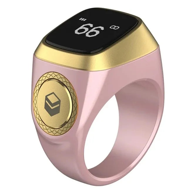 Roze en gouden Zikr smart ring met digitale display voor digitale tasbeeh en qibla