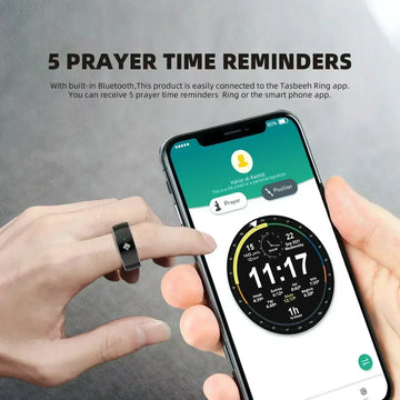 Zwart slimme ring zikr qb708 met bluetooth voor synchronisatie met tasbeeh app en gebedstijd herinneringen