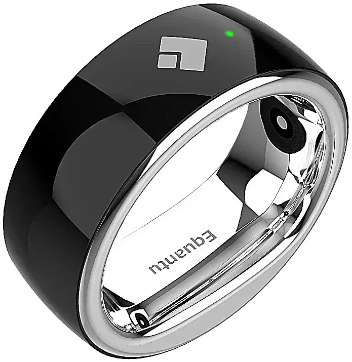 Zikr smart ring QB708 in zwart en zilver met een glanzende afwerking en groen indicatorlicht voor gebedstijden en tasbih