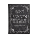 Zonden boek zwart leer met zilveren arabische tekst en bloemmotief over gevolgen en schadelijkheid