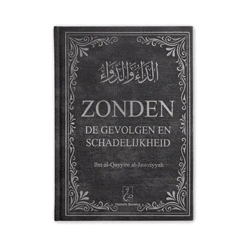 Zonden boek zwart leer met zilveren arabische tekst en bloemmotief over gevolgen en schadelijkheid