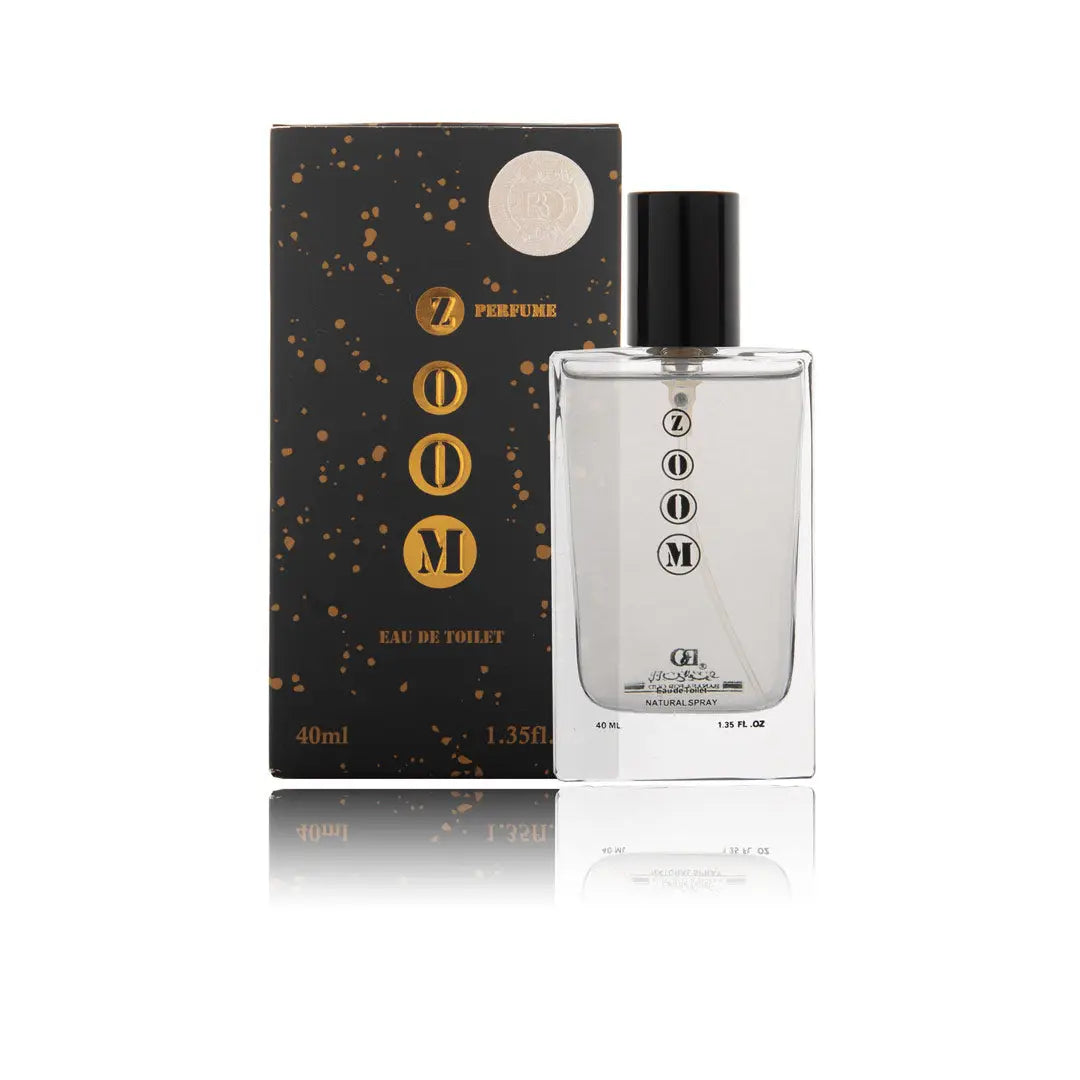 Heldere glazen fles zoom parfumspray 50 ml met zwarte dop en gouden letters naast zwarte gevlekte doos