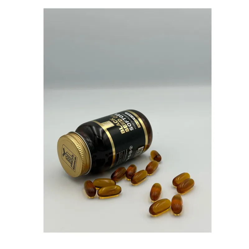 Zwarte komijnzaadolie capsules met halal rundergelatine in donkere fles