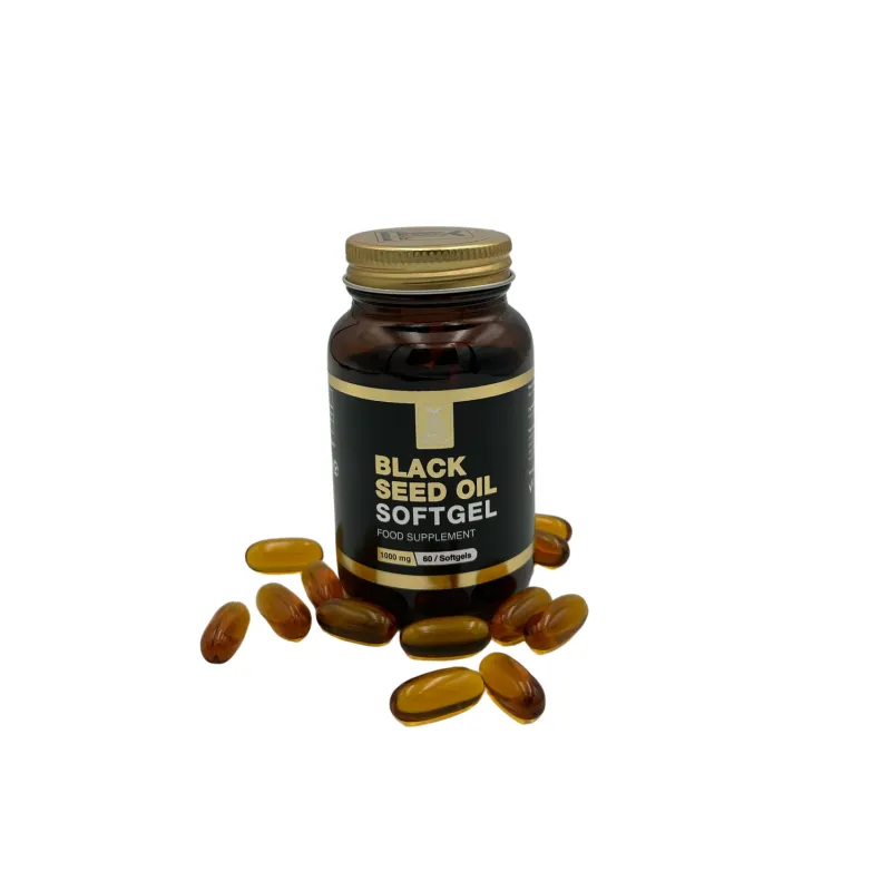 Zwarte komijnzaadolie capsules halal rundergelatine met gouden softgels op de basis