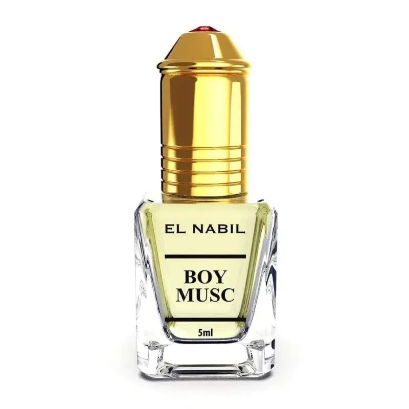 Glazen parfumfles met gouden dop van El Nabil Boy Musc, parfumolie boy musc