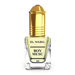 Glazen parfumfles met gouden dop van El Nabil Boy Musc, parfumolie boy musc