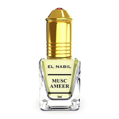 Glazen parfumfles met gouden dop en label El Nabil Musc Ameer parfumolie musc ameer