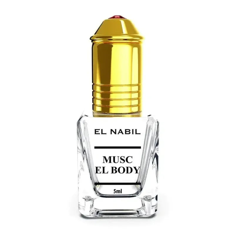 Glazen parfumfles met gouden dop en label El Nabil Musc El Body, bloemige parfum