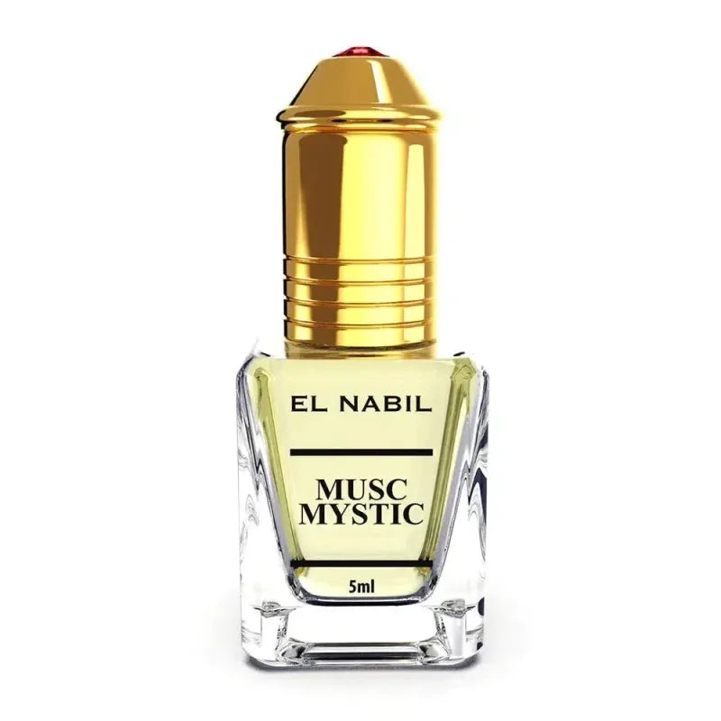 Glazen parfumolie Musc Mystic met gouden dop in bloemige parfum verpakking