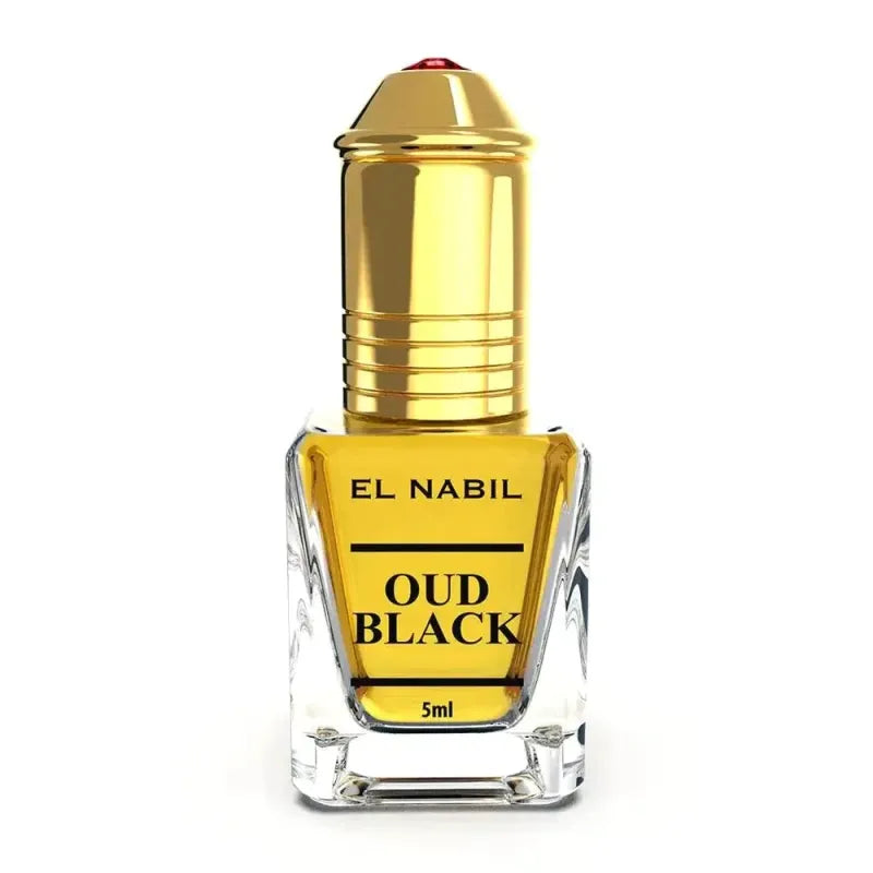 Glazen fles El Nabil Oud Black parfumolie met gouden dop voor luxe geurbeleving