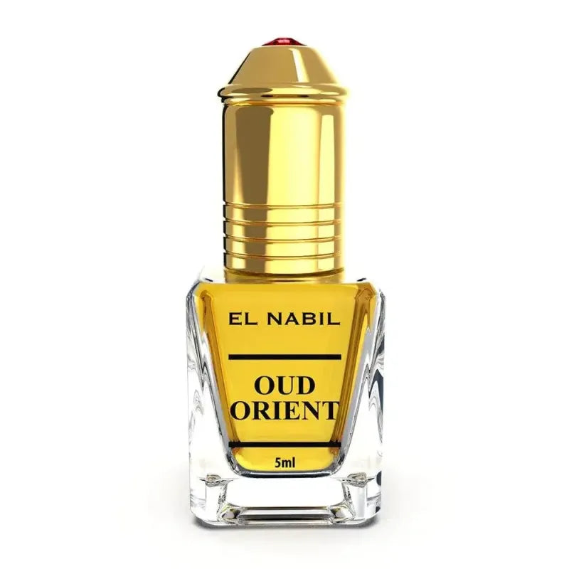 Glazen parfumfles met gouden dop van El Nabil Parfumolie Oud Orient