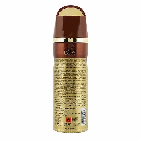 Bruine en gouden aerosol deodorant spuitbus met Arabische tekst van Nusuk Deodorant - Amber Oud