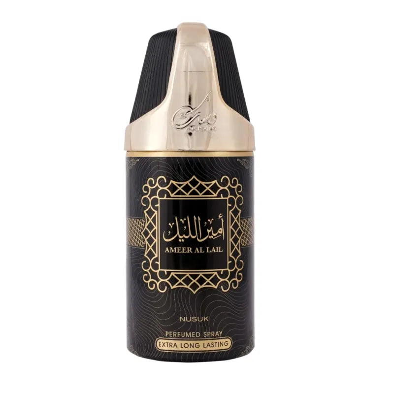 Zwarte en gouden parfumflacon met Arabische kalligrafie voor Nusuk Deodorant Ameer al Lail